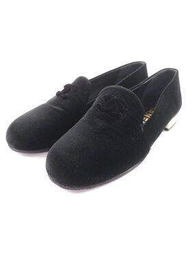 Chanel 23K Velour CC Logo Almond Toe Loafers Flat Shoes Black 36.5